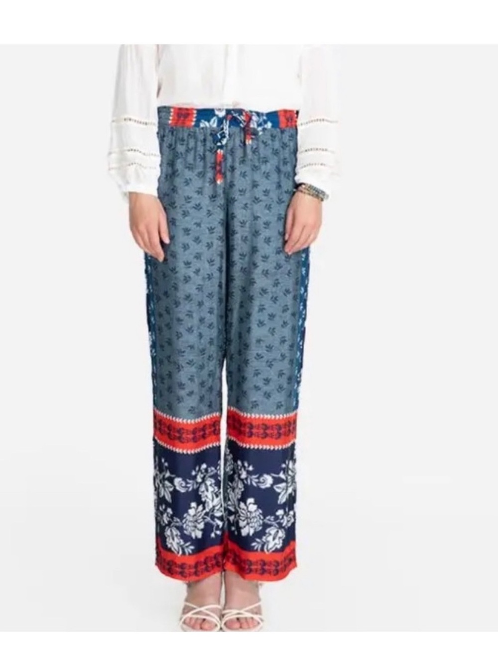 Johnny Was Multicolor Embroidered Label Top with Red and Navy Accents